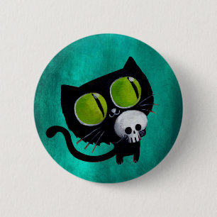 Black Halloween Cat med Skull Knapp