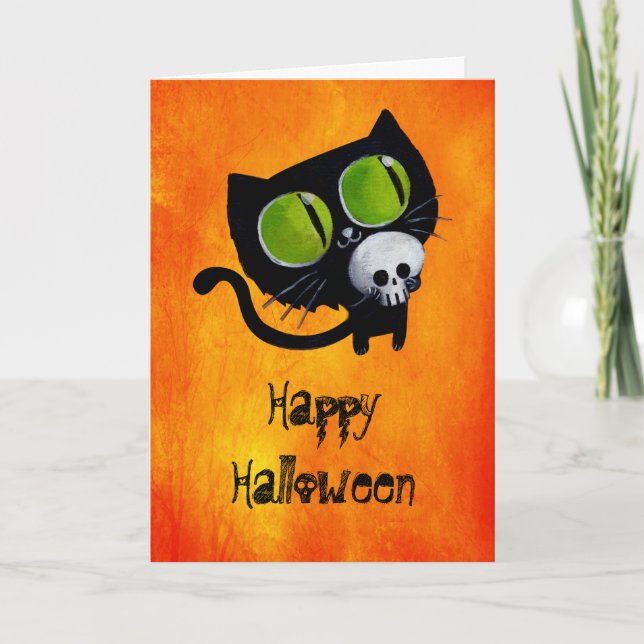 Black Halloween Cat med Skull Kort (Framsida)