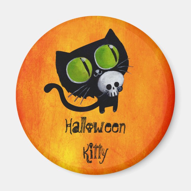 Black Halloween Cat med Skull Magnet (Framsidan)