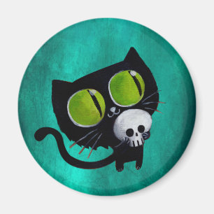 Black Halloween Cat med Skull Magnet