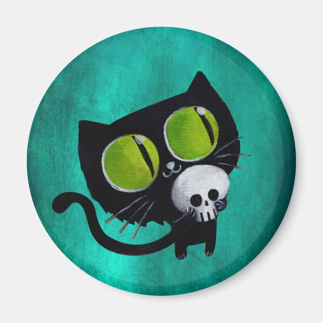 Black Halloween Cat med Skull Magnet (Framsidan)