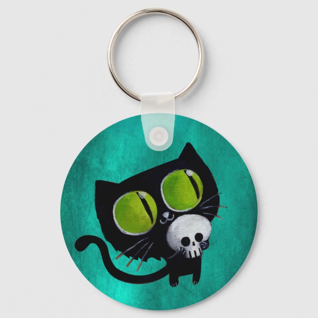 Black Halloween Cat med Skull Nyckelring (Framsida)