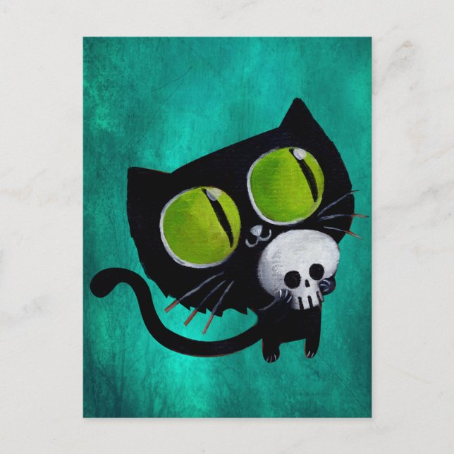 Black Halloween Cat med Skull Vykort (Framsida)