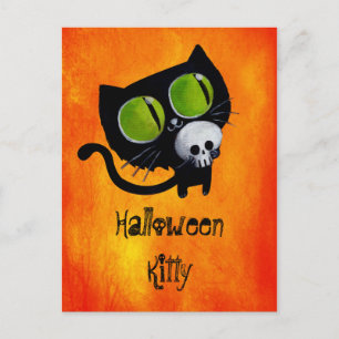 Black Halloween Cat med Skull Vykort