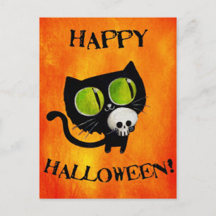 Black Halloween Cat med Skull Vykort