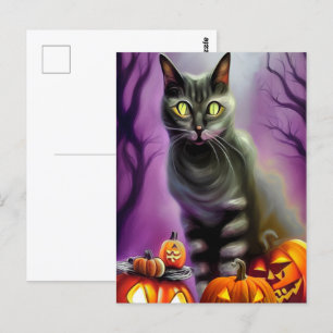 Black Halloween Cat och Carved Pumpkins Vykort