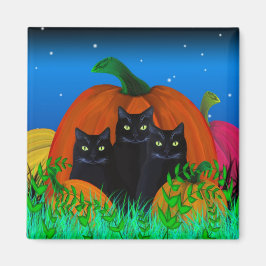 Black Halloween Cats med Pumpkins Magnet