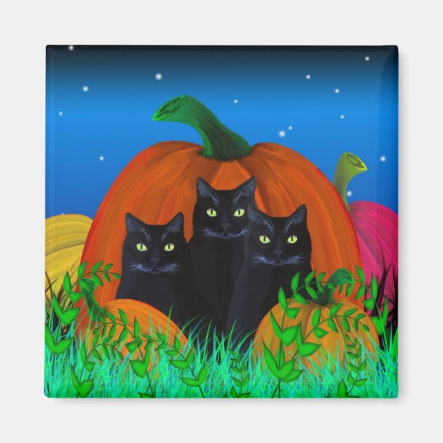 Black Halloween Cats med Pumpkins Magnet (Framsidan)