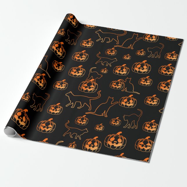 Black Halloween Cats och Jack-o-Lantern Mönster Presentpapper (Utrullad)