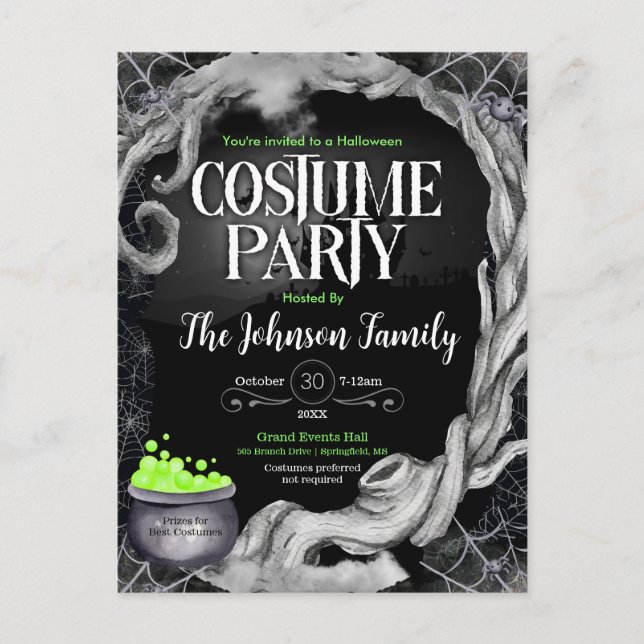 Black Halloween Costume Party-inbjudan Inbjudan Vykort (Framsida)