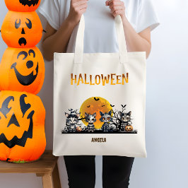 Black Halloween Cute Ghost Kittens Bus eller godis Tygkasse