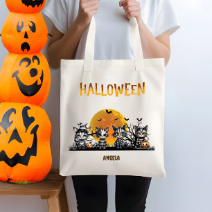 Black Halloween Cute Ghost Kittens Bus eller godis Tygkasse