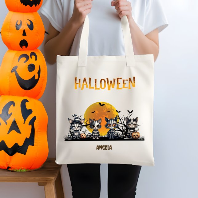 Black Halloween Cute Ghost Kittens Bus eller godis Tygkasse (Skapare uppladdad)