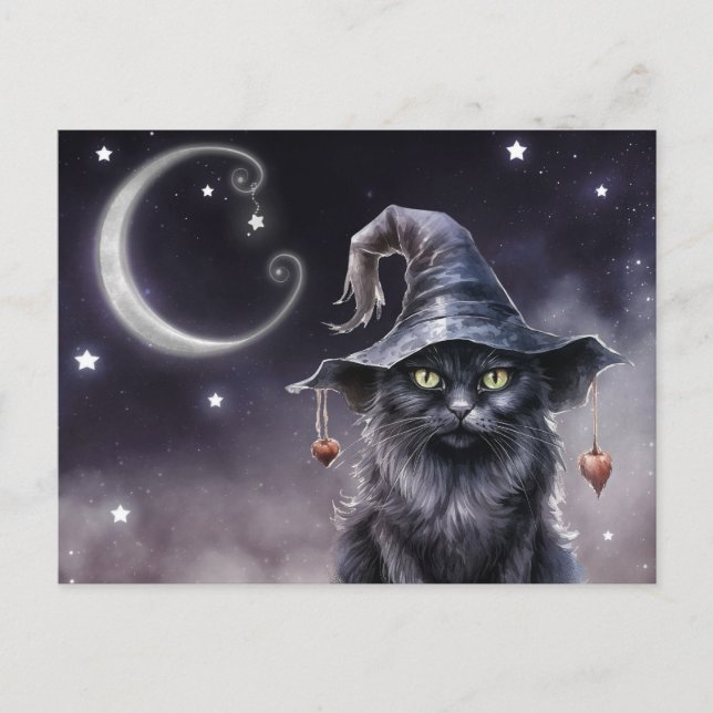 Black Halloween-katt med ett vykort (Framsida)