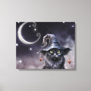 Black Halloween-katt med ett Witch Hat Canvastryck