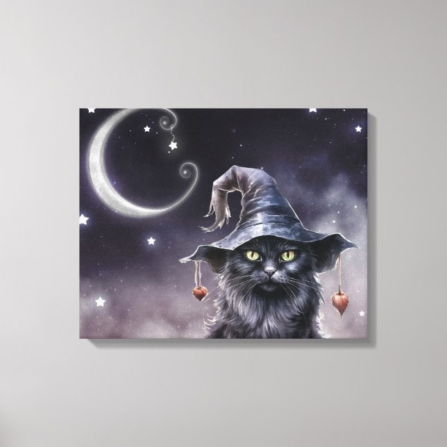 Black Halloween-katt med ett Witch Hat Canvastryck (Framsida)
