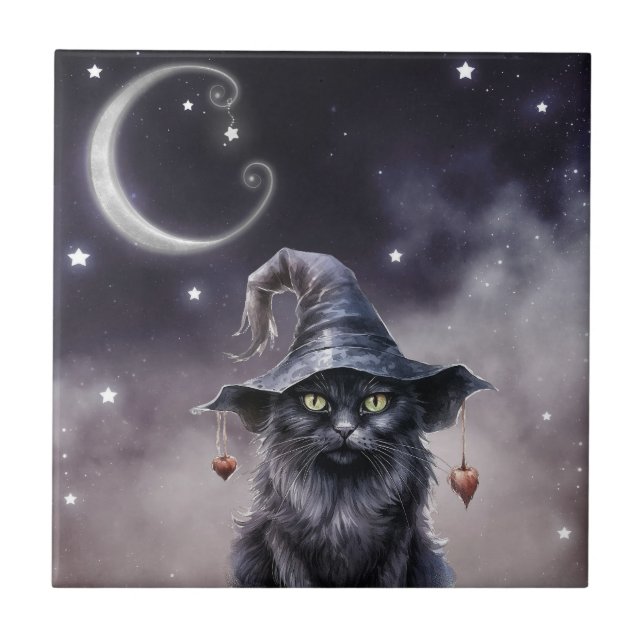 Black Halloween-katt med ett Witch Hat Kakelplatta (Framsidan)