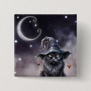 Black Halloween-katt med ett Witch Hat Knapp