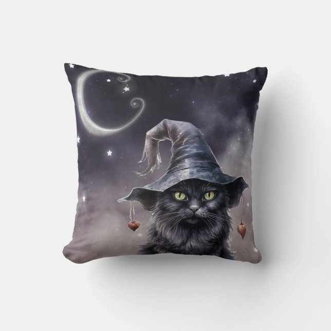 Black Halloween-katt med ett Witch Hat Kudde (Framsida)