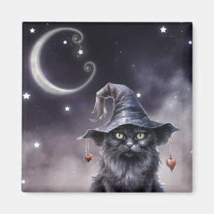 Black Halloween-katt med ett Witch Hat Magnet