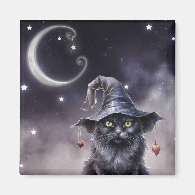 Black Halloween-katt med ett Witch Hat Magnet (Framsidan)