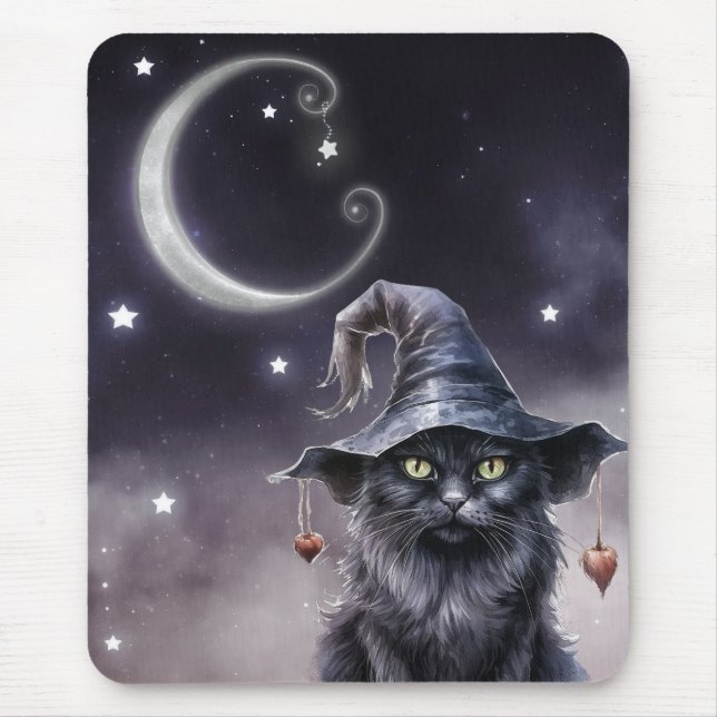 Black Halloween-katt med ett Witch Hat Musmatta (Framsidan)