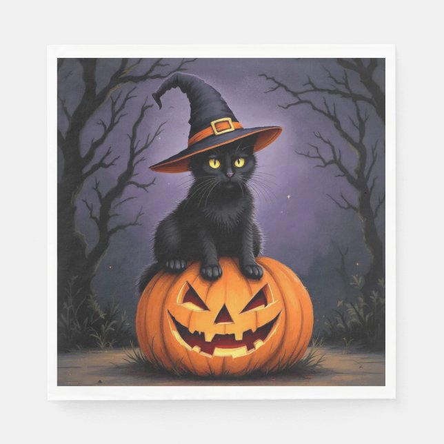 Black Halloween-katt med ett Witch Hat Pappersservett (Framsidan)