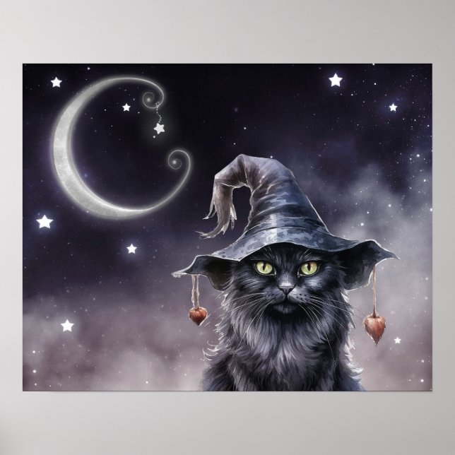 Black Halloween-katt med ett Witch Hat Poster (Framsidan)