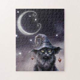 Black Halloween-katt med ett Witch Hat Pussel