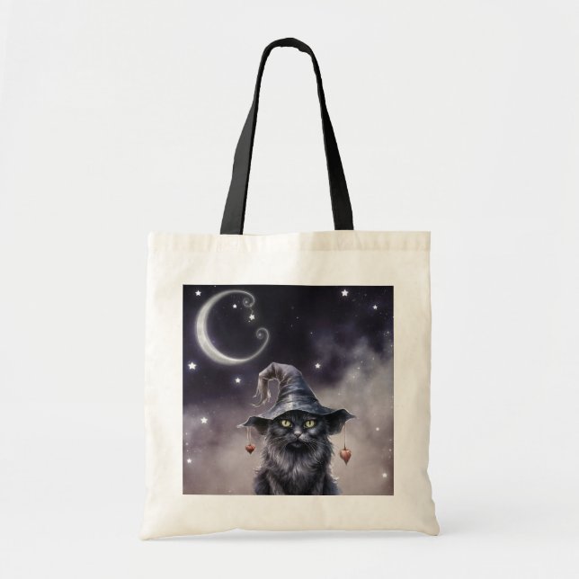 Black Halloween-katt med ett Witch Hat Tygkasse (Framsidan)