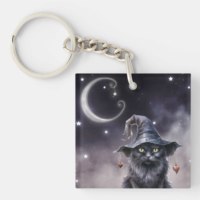 Black Halloween-katt med Witch Hat Keychain (Framsidan)