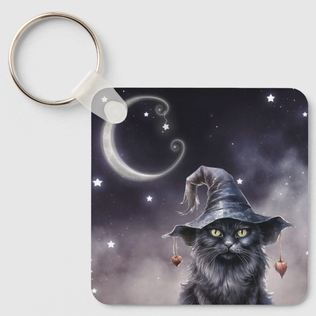 Black Halloween-katt med Witch Hat Keychain Nyckelring (Framsida)