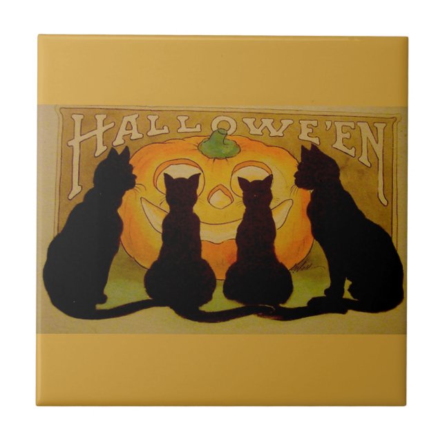 Black Halloween-katter och Pumpkin Kakelplatta (Framsidan)