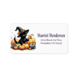 Black Halloween Kitten med pumpor & Witch Hatt Adressetikett
