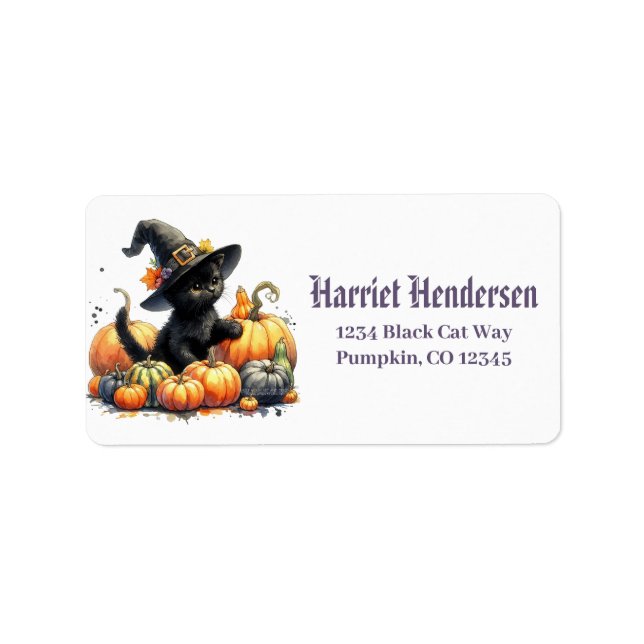 Black Halloween Kitten med pumpor & Witch Hatt Adressetikett (Framsidan)