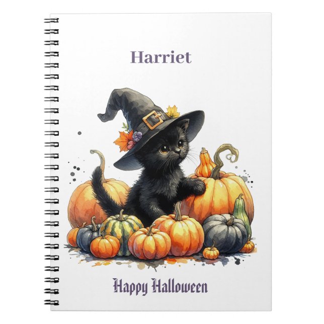 Black Halloween Kitten med pumpor & Witch Hatt Anteckningsbok (Framsidan)