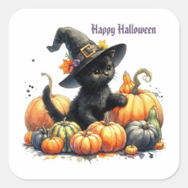 Black Halloween Kitten med pumpor & Witch Hatt Fyrkantigt Klistermärke