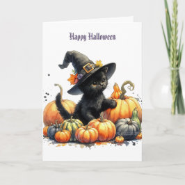 Black Halloween Kitten med pumpor & Witch Hatt Helgkort