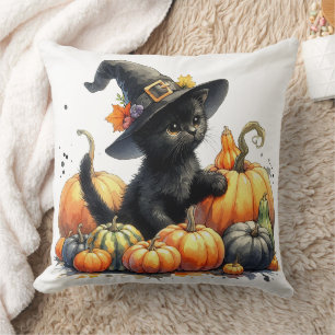 Black Halloween Kitten med pumpor & Witch Hatt Kudde