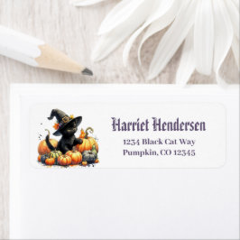 Black Halloween Kitten med pumpor & Witch Hatt Returadress Etikett