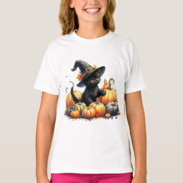Black Halloween Kitten med pumpor & Witch Hatt T Shirt