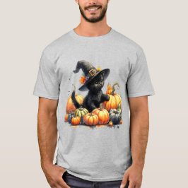 Black Halloween Kitten med pumpor & Witch Hatt T Shirt