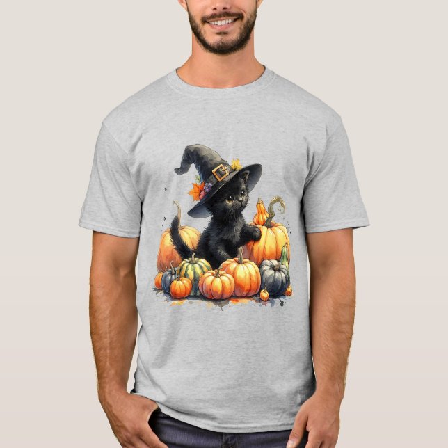 Black Halloween Kitten med pumpor & Witch Hatt T Shirt (Framsida)