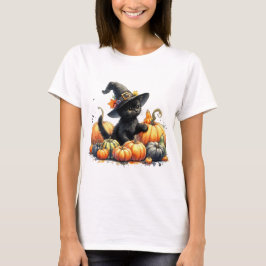 Black Halloween Kitten med pumpor & Witch Hatt T Shirt