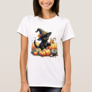 Black Halloween Kitten med pumpor & Witch Hatt T Shirt