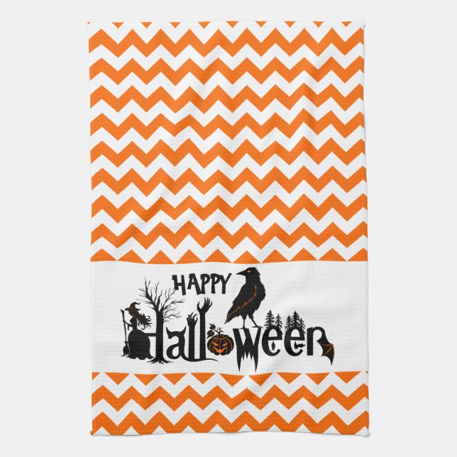 Black Halloween Kråka Illustration Orang Chevron Kökshandduk (Vertikal)