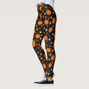 Black Halloween Leggings med Cute Orange Pumpkins