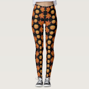 Black Halloween Leggings med Pumpkin & Löv