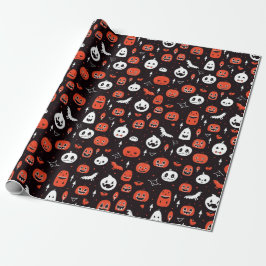 Black Halloween Pattern with pumpkins and ghosts Presentpapper