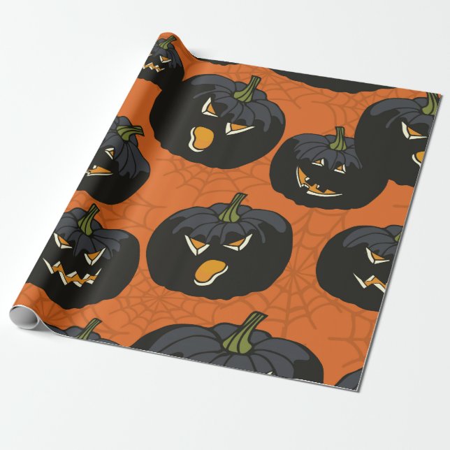Black Halloween Pumpkins på Orangen Presentpapper (Utrullad)